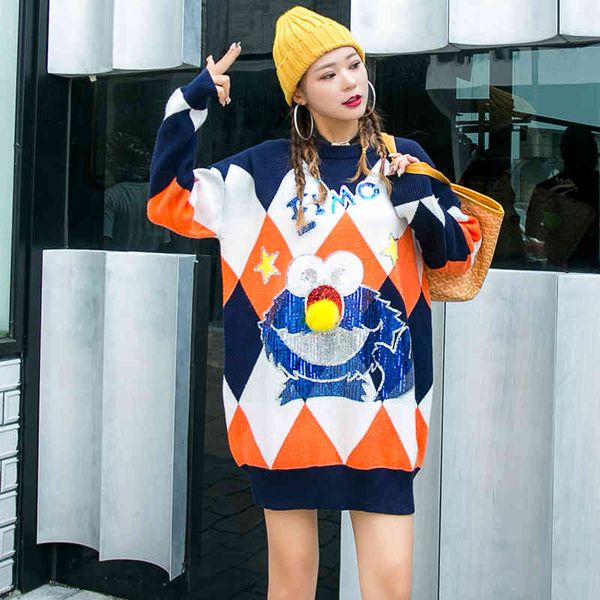 

sweaters women's autumn and winter thick pullover sweater women cartoon loose outer wear patch sequin knitted tide, White;black