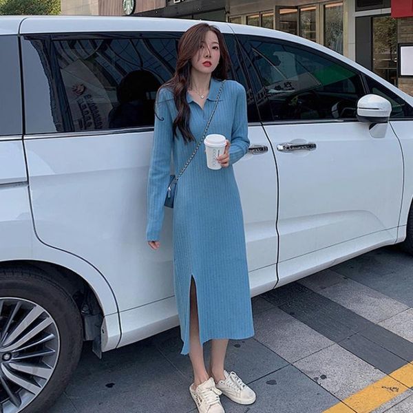 

casual dresses female solid color simplicity pullover sweater women turn down collar long sleeve straight midi knitting dress, Black;gray