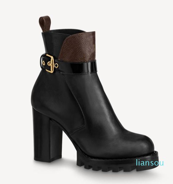 

women black leather boots high heel buckle strap designer lay star trail chunky ankle treaded rubber outsole boot