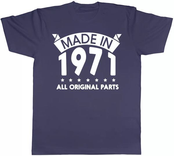 

made in 1971 all original parts birthday mens short sleeve t-shirt, White;black