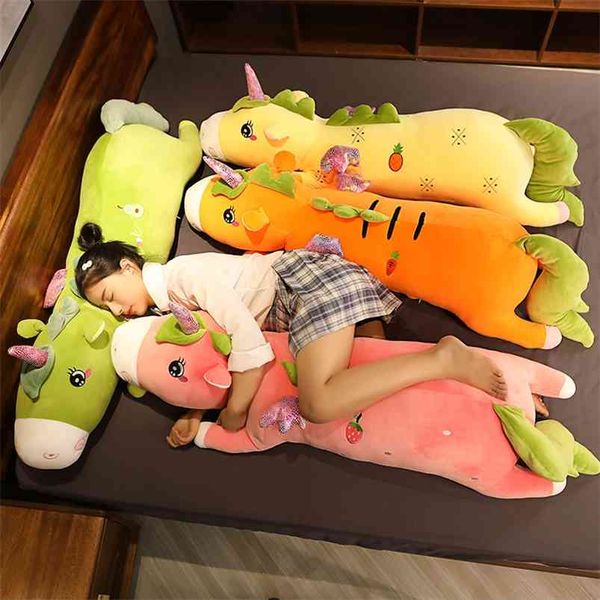 Big Long Lovely Fruit Unicorno Peluche Morbido Cartoon Animal Doll Farcito Fidanzato Cuscino per dormire Kid Girl Regalo di compleanno 210728