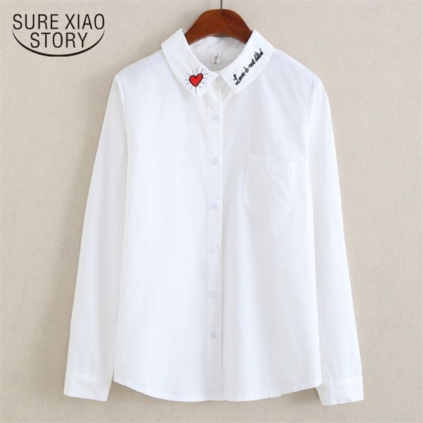 

spring white shirt long sleeve women bottoming love embroidered blouse cotton ladies 5598 210421