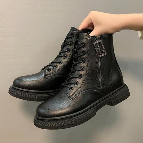 

boots leather snow women warm winter female shoes lace up fashion ankle c561, Black