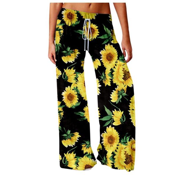 

women's pants & capris exercise loose vintage floral print mid waist drawstring wide leg trousers ladies casual long, Black;white