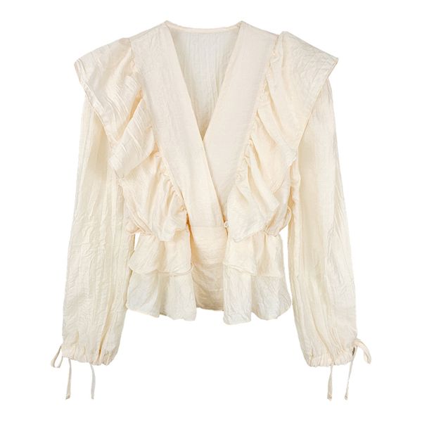 

women shirt black apricot v-neck ruffle lantern long sleeve button spring summer b0785 210514, White