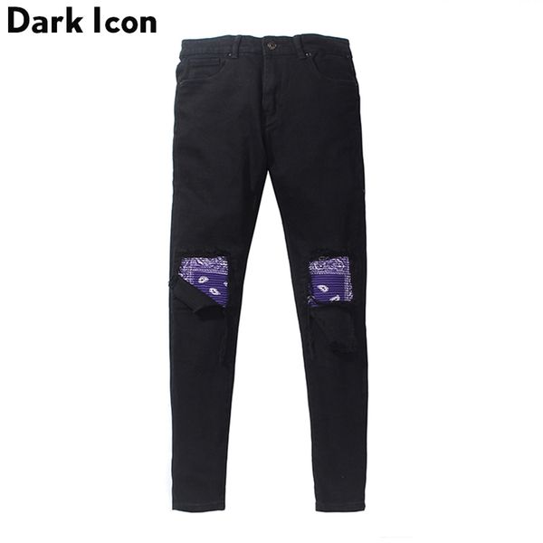 Dark Icon Bandana Patchwork strappato sul ginocchio Jeans da uomo High Street Jeans Uomo Pantaloni in denim 210331