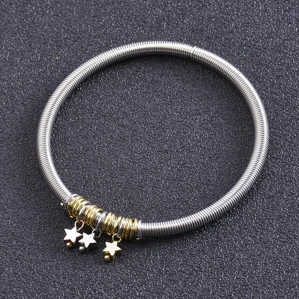 

charm bracelets 1 pcs 4.2mm simple stretchable stainless steel bracelet star pendant fashion couple jewelry, Golden;silver