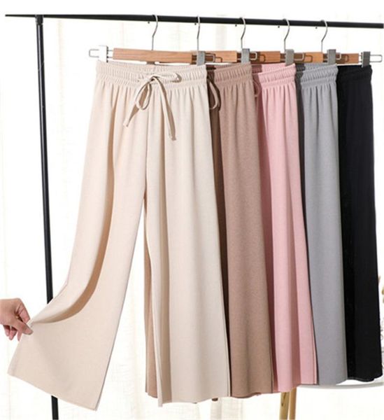 

women's pants & capris ice silk ankle-length wide leg big yards loose pant high waist casual slacks soft comfort women, Black;white