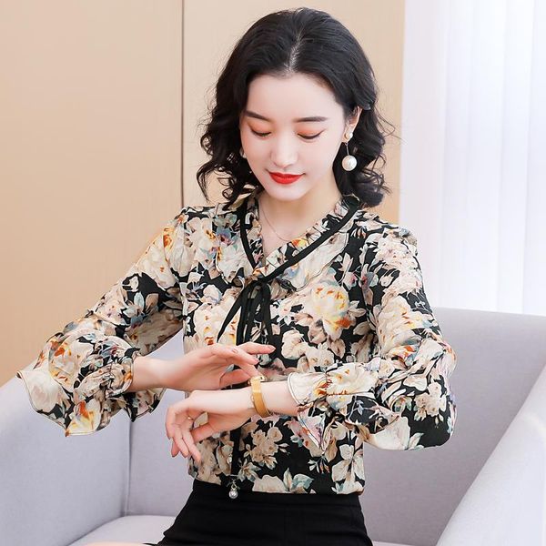 

women's blouses & shirts 2021 spring bow tie chiffon shirt long sleeves, White