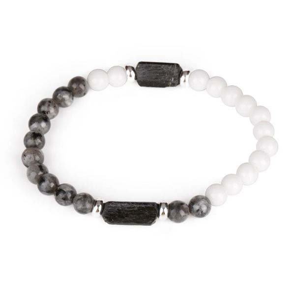

beaded, strands 6mm grey black labradorite alternate white glossy beads tourmaline calm healing stone charm energy bracelet for man women