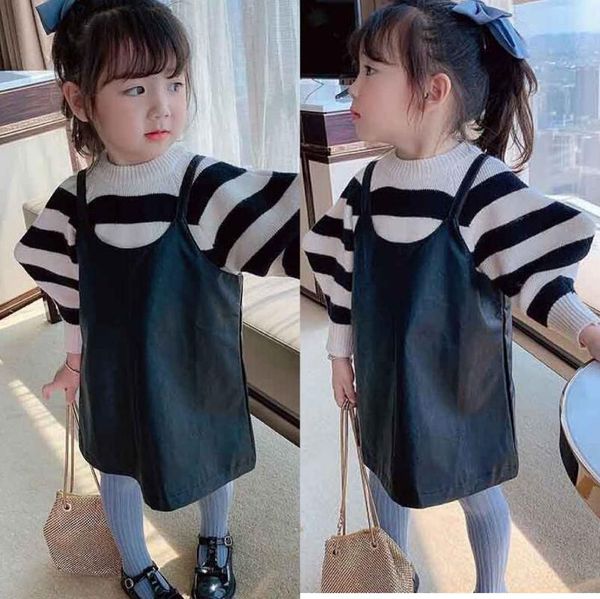 

clothing sets baby girls dress spring autumn clothes striped pullover and pu jumper skirt princess dresses 2pcs sweater knitted, White