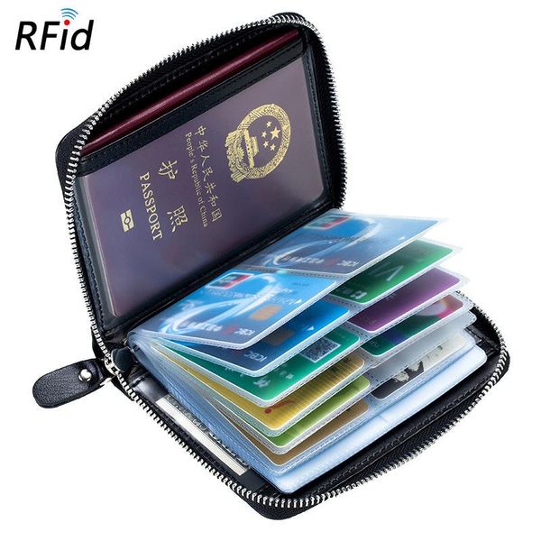 

card holders wallet rfid passport bag genuine leather customizable multi-functional ticket holder long zipper pvc id antimagnetic, Brown;gray