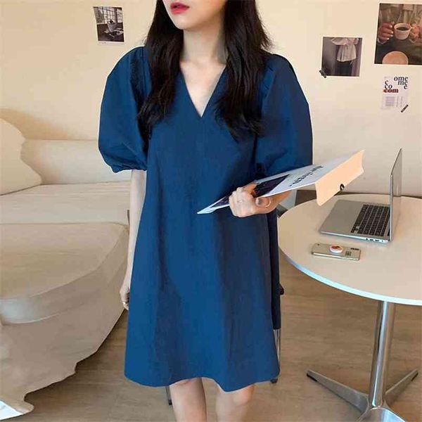 

women's summer dress korean white orange v-neck tie puff sleeve loose small short doll dresses pl216 210506, Black;gray