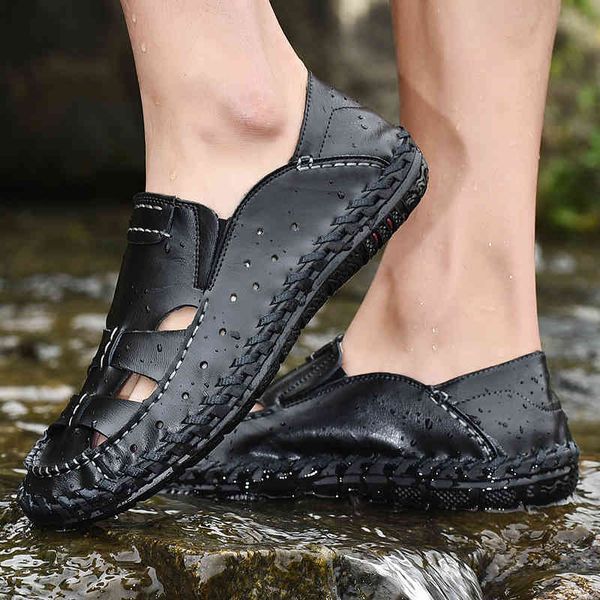 

slippers man sandals summer for men handmade genuine leather roman shoes hollow sewing breathable casual beach f4u4, Black