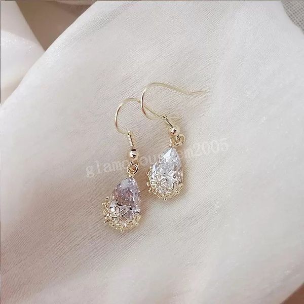 

fashion jewelry water drop zircon dangle earrings elegant metal cutout earrings for women, Silver