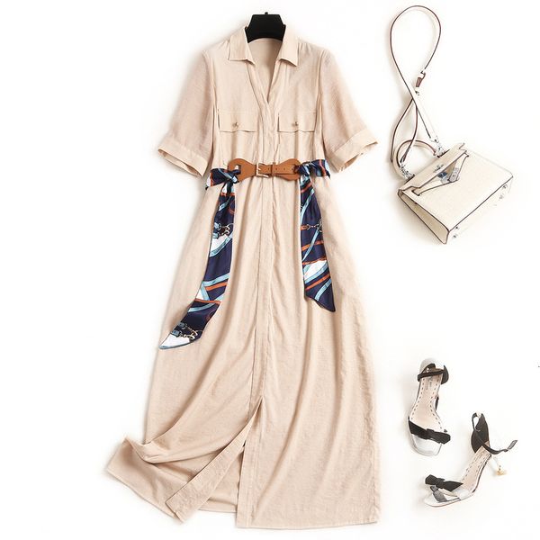 

casual dresses summer 1/2 sleeve v neck khaki / black pure color belted pockets mid-calf dress elegant contrast oj23f465 qs2x, Black;gray
