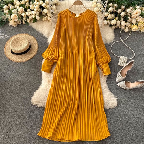 

dresses women korean pleated lace up o neck sleeve elegant solid es spring casual loose vacation midi, Black;gray