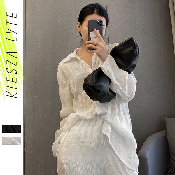 Iki Parçalı Setleri Kadın Gömlek Üst + Geniş Bacak Pantolon Rahat Katı Beyaz Siyah İlkbahar Yaz Drape Baggy 2 Set Kadın 210608