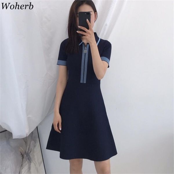 

summer robe elegant knitted mini dress women short sleeve turn down collar slim bodycon korean vestidos 210519, Black;gray