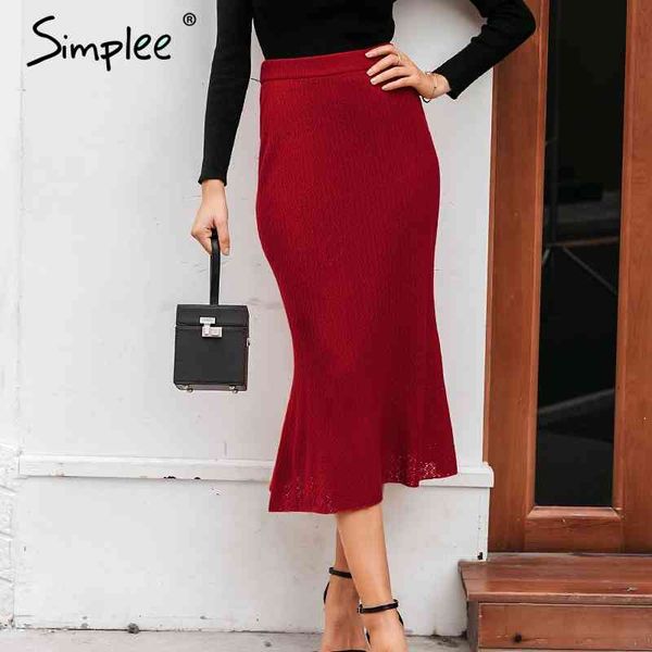 

elegant autumn winter women knitted high waist solid female midi casual streetwear ladies sweater skirt 210414, Black
