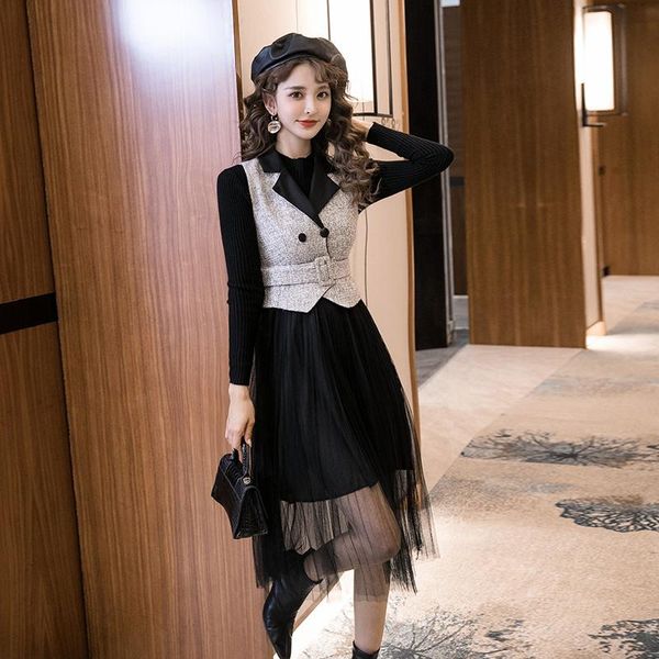 

casual dresses women's autumn winter outfits fashion patchwork mesh plus velvet waistcoat dress + knitted sweater two piece set with sas, Black;gray