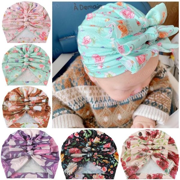 

printed small bow turban hats newborn baby beanie caps girls pgraphy props soft hat toddler kids summer beanies headwrap accessories, Yellow