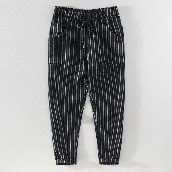 

men's pants spring striped linen leisure elastic waist rope cotton 3022, Black