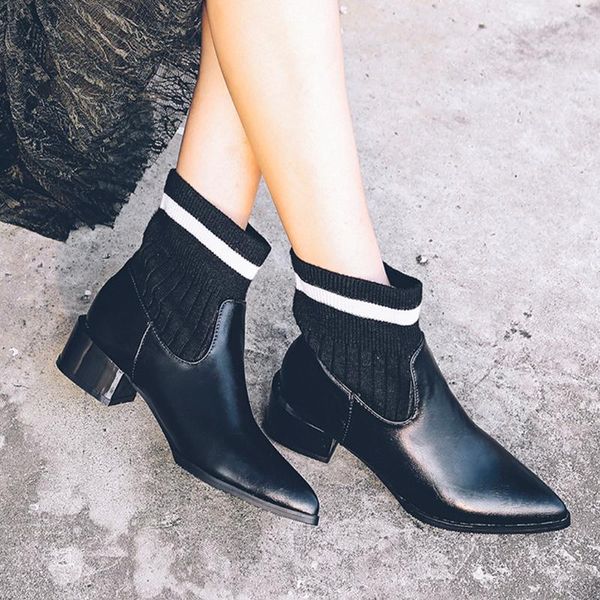 

dress shoes women pointed toe boots arrival casual ladies plus size autumn winter square high-heeled short boot#3, Black