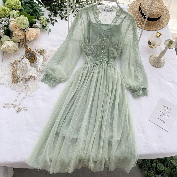 

casual dresses autumn ladies thin mesh crochet lace knee-length long puff sleeves dress with lining women slim swing, Black;gray