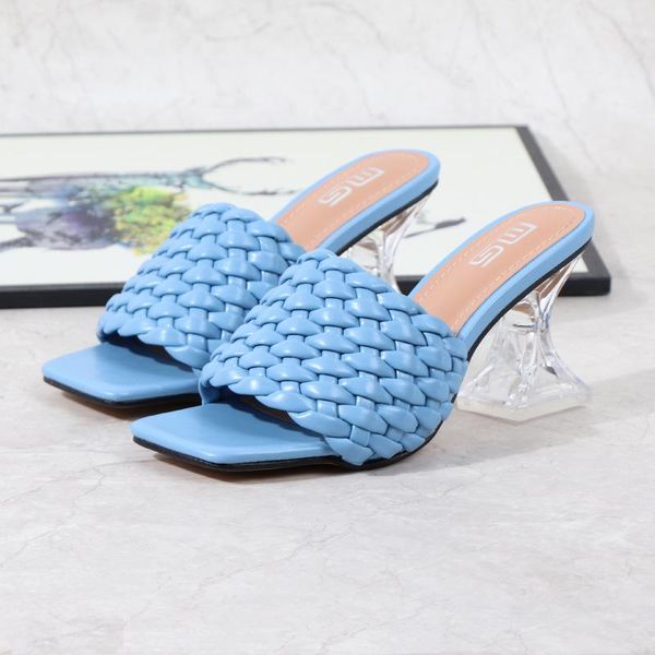

sandals 2021 summer women slippers elegant women's shoes weave mules slides crystal heels shoe open toe square, Black