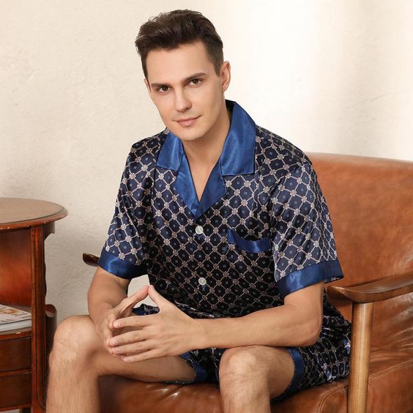 

men's sleepwear faux silk men pajamas set short sleeve 2pcs summer shirt&shorts male satin pijamas suit lapel loungewear, Black;brown