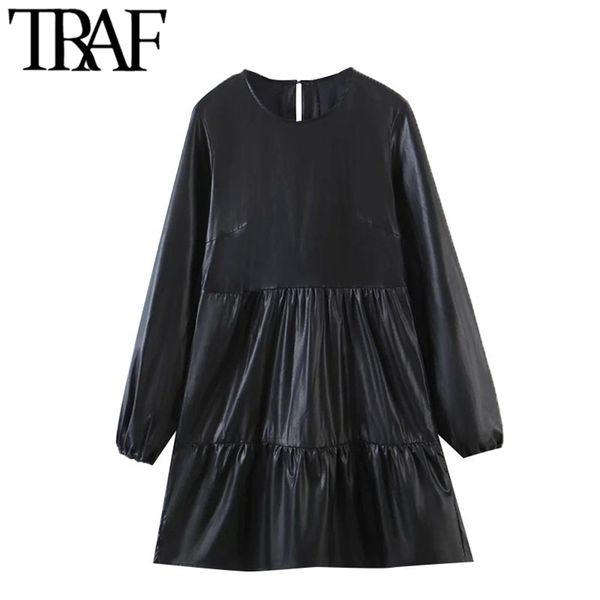 

women chic fashion faux leather pleated mini dress vintage o neck long sleeve female dresses vestidos mujer 210507, Black;gray