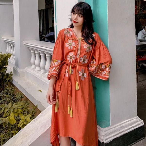 

casual dresses 2021 summer women's dress bohemian beach korean version of loose embroidery thai national style, Black;gray