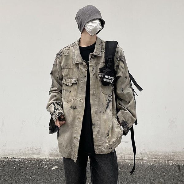 

men's jackets tie-dye denim man high street couple casual jacket old retro turn-down collar single breasted, Black;brown