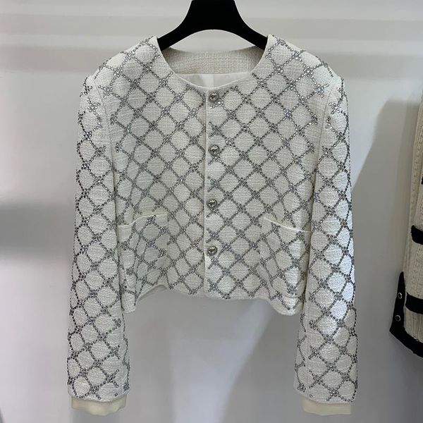 

women's jackets fashion diamonds decoration tweed jacket women argyle pattern outerwear o-neck check short coat lady 2021 autum, Black;brown
