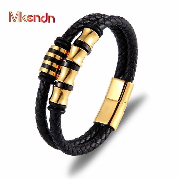 

charm bracelets mkendn genuine leather bracelet double layer 19/21/23cm gold/silver color special jewelry for men accessories, Golden;silver