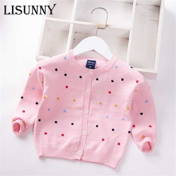 Meninas Cardigan Camisola Outono Colorido Dots Dots Crianças de Algodão Knitwear Baby Top Kids Coat ToDdler Roupas 0-5Y 211106