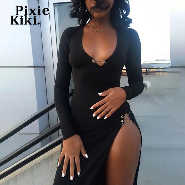 

pixiekiki v neck long sleeve high split maxi dresses for women party night club wear black bodycon dress p76-bg29 casual, Black;gray