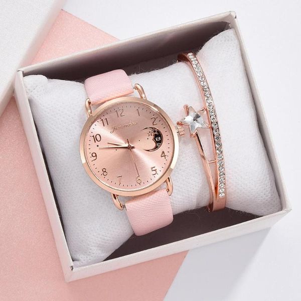 

wristwatches luxury women watches bracelet set moon calendar pattern dial band ladies watch casual leather quartz wristwatch clock, Slivery;brown