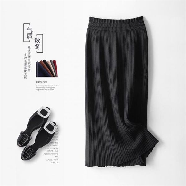 

autumn& winter korean knit skirt high waist thin stretch simple versatile casual women a-line long 210527, Black