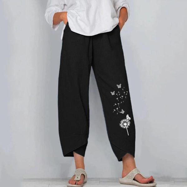 

women's pants & capris women embroidered pocket casual harem floral printed elastic waist wide leg female loose trousers, Black;white