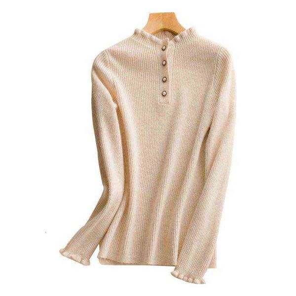 

21 autumn and winter pure color wool sweater female fungus lace round neck bottomed pearl button, White;black