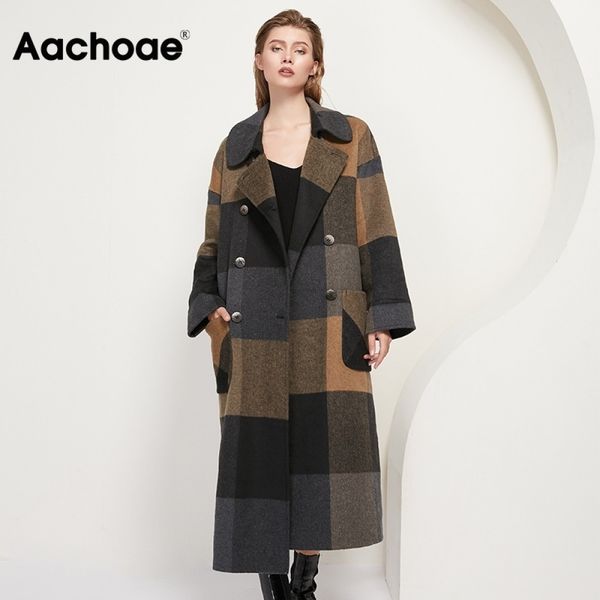 

women vintage plaid woolen long coat with poets double breasted fashion overcoat female batwing long sleeve wool coats, Black;white