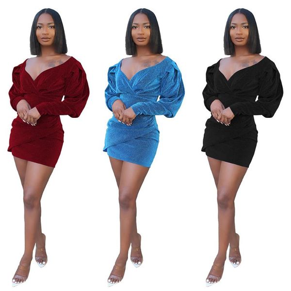 

off the shoulder elegant party club dresses women deep v neck full puff sleeve bandage dress high waist skinny vestidos casual, Black;gray