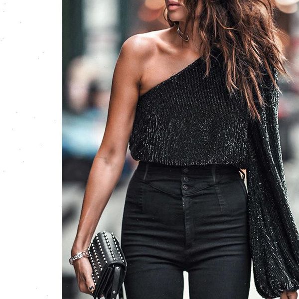 

women shirts tied backless one shoulder sequins blouse solid color lantern sleeve clubwear lace up, White