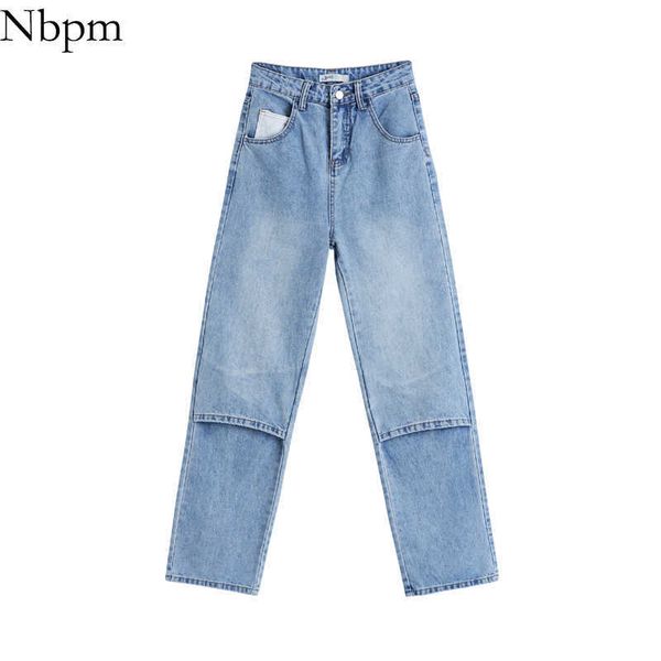 

nbpm women casual fashion lrregular pocket retro blue jeans casual straight washed vintage denim pants cool girl 210529