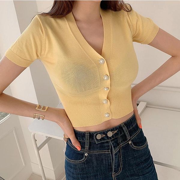 

women's knits & tees ljsxls knitted open stitch short crop sweater slim button v-neck thin mujer summer casual sleeve, White
