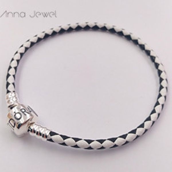 Hochwertiger feiner Schmuck, gewebtes Armband aus 100 % echtem Leder, weiß, schwarz, 925er Silber, Perle, passend für Pandora-Charm-Armbänder, DIY-Markierung – für Frauen und Männer als Geschenke