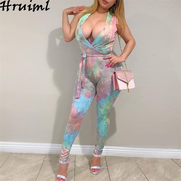 Sexy figurbetonte Frauen-Overalls drucken elastischer Sommer ärmelloser V-Ausschnitt plus Größe Body Schärpen Strampler Damen Body Suit Club 210513