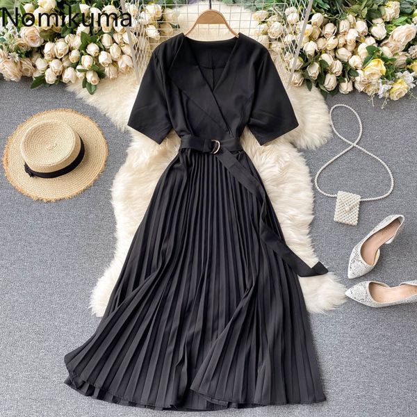 

nomikuma new elegant short sleeve women dress korean belt slim waist vestidos femme spring pleated a-line dresses 6d969 210427, Black;gray